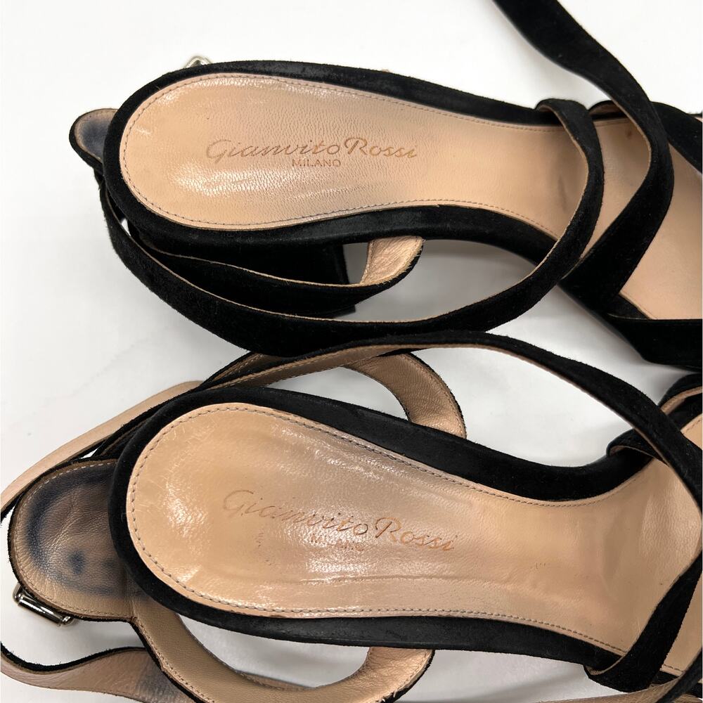 GIANVITO ROSSI Strappy Sandal Womens 40 Black Suede Mid Block Heeled Criss Cross - Picture 9 of 11